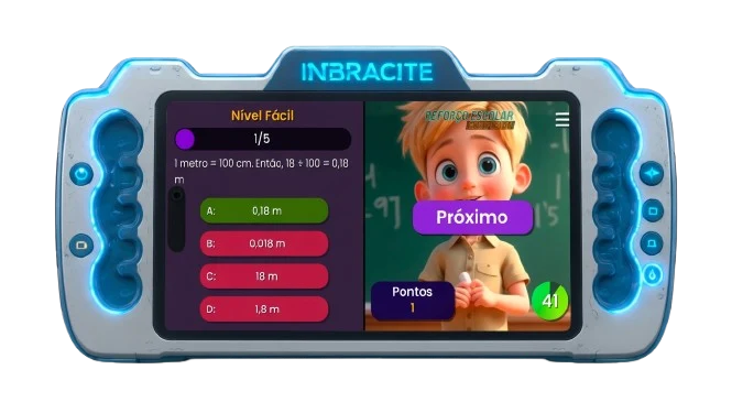 Jogo de conversão de medidas no nível fácil, com quatro alternativas e pontuação