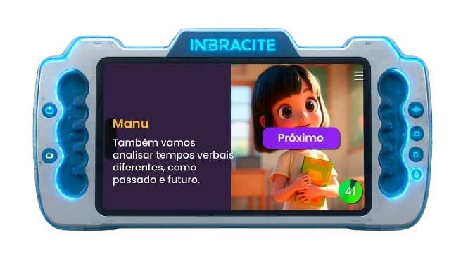 Personagem Manu apresentando tempos verbais no passado e futuro