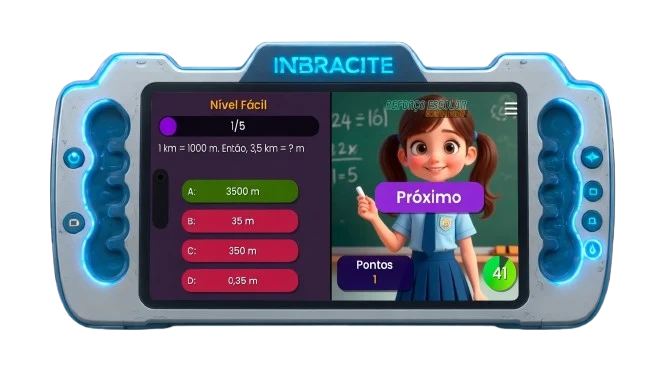 Jogo de conversão de quilômetros para metros com personagem professora
